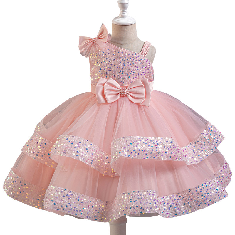 New children's sequined fluffy mesh cake princess dress, baby girl's first year banquet evening dress