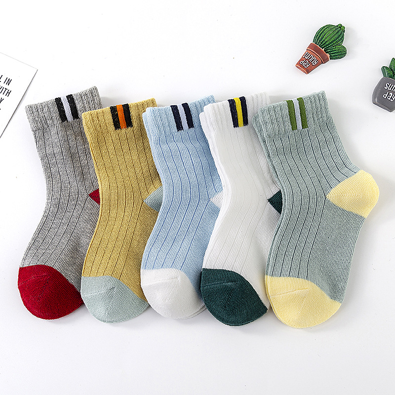 5 pairs of combed cotton children's socks tube socks boys babies solid color spring and autumn blue short polar bear
