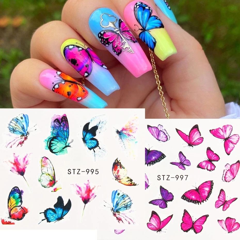 3pcs/Set Nail Butterfly Stickers Watercolor Decals Blue Flowers Sliders Wraps Manicure Summer Nail Art Decorations TRSTZ984-1017