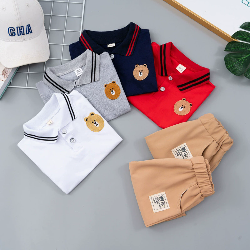 Children's summer polo shirt short sleeved set, handsome little bear two-piece set