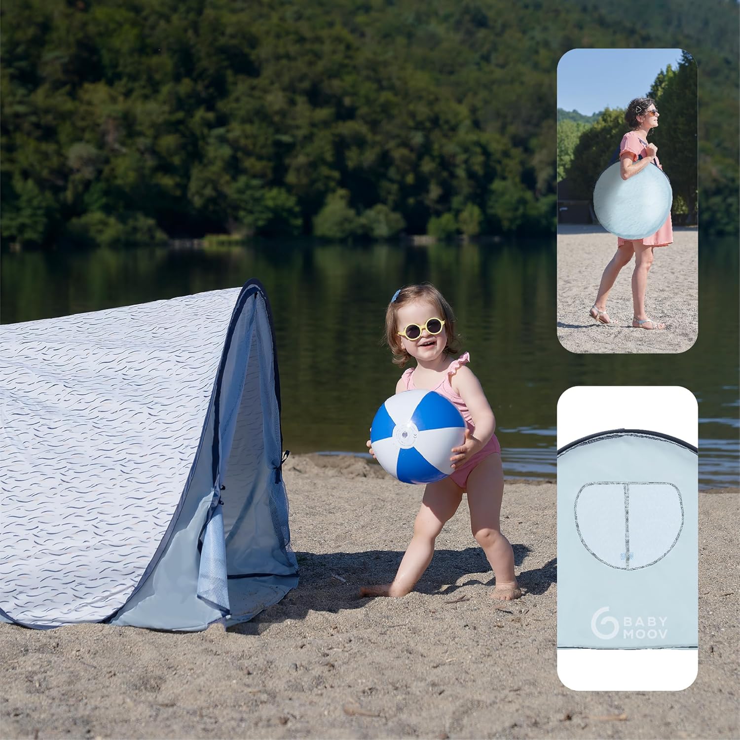 Babymoov Anti-UV Baby & Toddler Beach Tent UPF 50+ Sun Protection with Pop Up System for Easy Use & Transport, Blue Waves (Summer 2025 Edition)