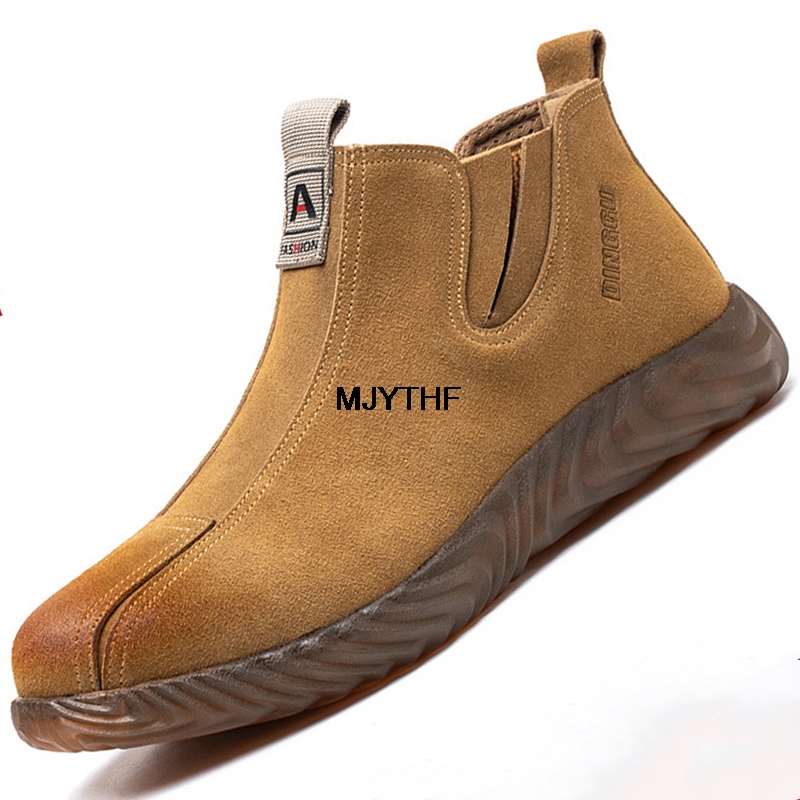 Men Soft Bottom Work Shoes Chelsea Boots Steel Toe Work Safety Boots Cowhide Welder Shoes Men Boots