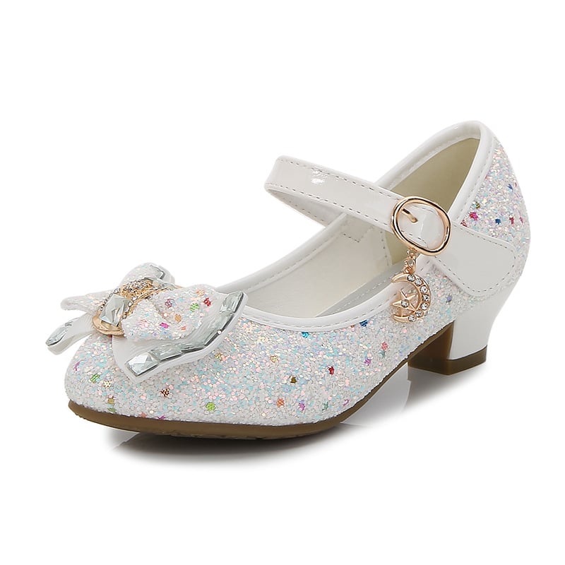 Princess Children's Leather Shoes Girls Flowers Casual Sequins Children's High Heels Girls' Shoes Bowknot Blue Pink Silver