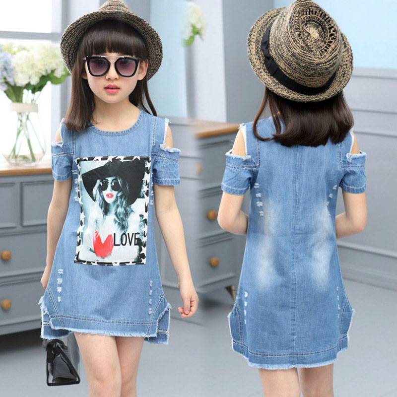 Children Dresses For Girls Denim Dress Summer Strapless Dress Pattern Girls Clothing Short Sleeve Child Clothes Denim T-Shirts
