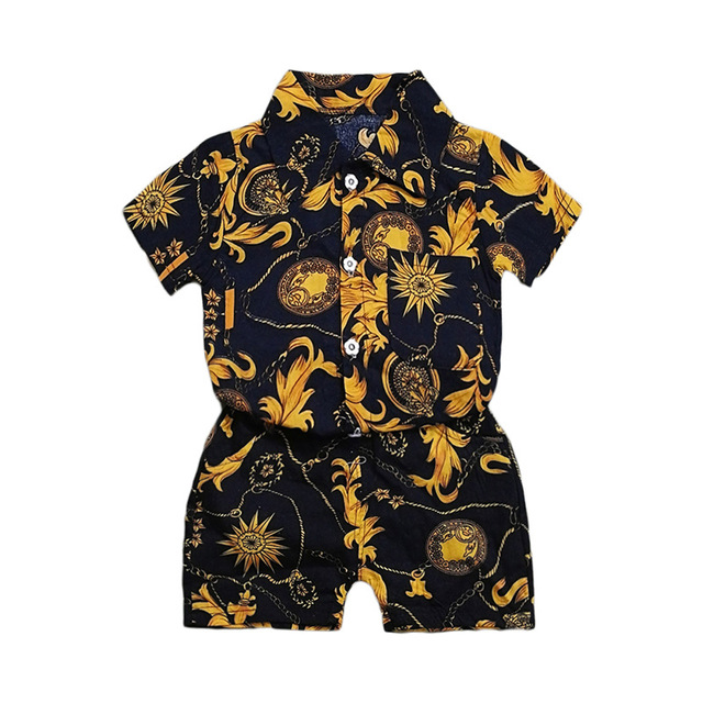 Baby Boys Floral Printed Clothes Set Summer Short Sleeve Shirt Top+Pants 2Pcs Gentelman 1 2 3 4 5 Year Kids Clothing Outfit
