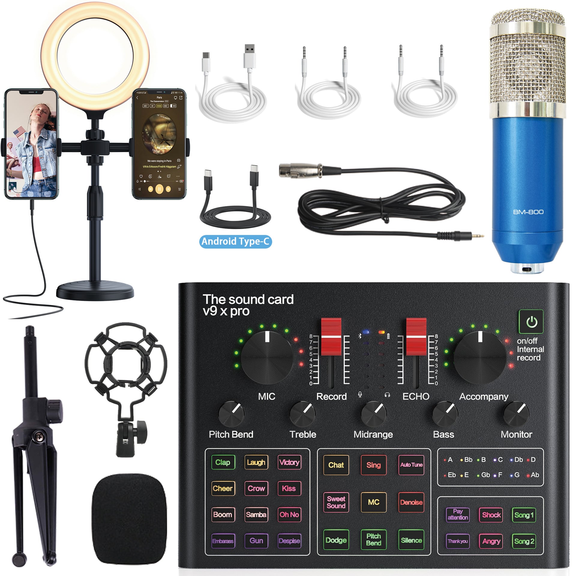 BM800 Pro Microphone Mixer Audio dj MIC Stand Condenser USB Wireless Karaoke KTV Professional Recording Live Bluetooth SoundCard
