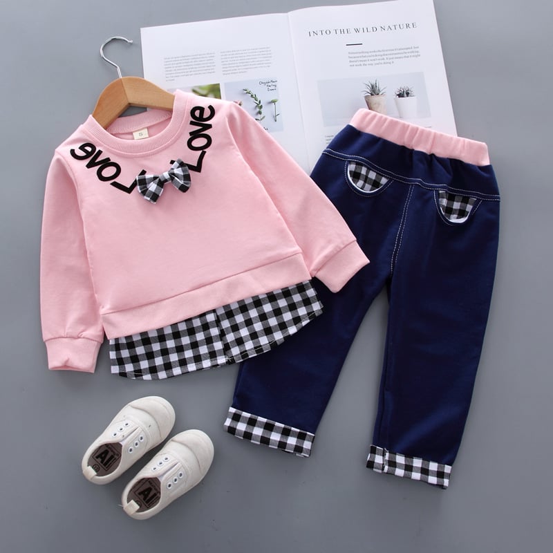 Kids Autumn New Korean Style Fake-two Long Sleeved Top Pants Girls Suit Children's Clothes
