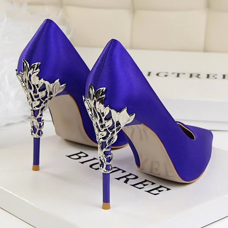 Metal Carved Thin 10cm Heel High Heels Pumps Women Shoes Pointed Toe Ladies Shoes Fashion Candy Colors Wedding Shoes Woman