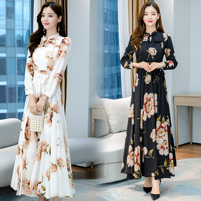 Women's Autumn New Elegant Long Swing Printed Fairy Long Sleeve Dress Retro Large