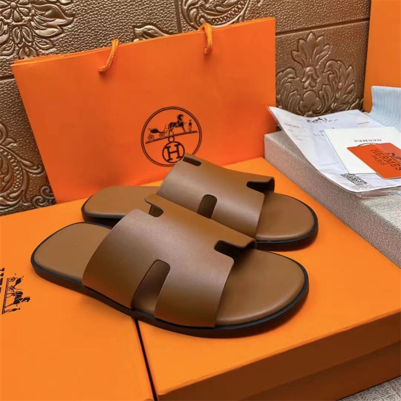 Genuine leather mens Fashion Summer Casual Solid Color Shoes Brown Black Beach Flat Flats Sandals Sandal Slippers Slipper Shoe