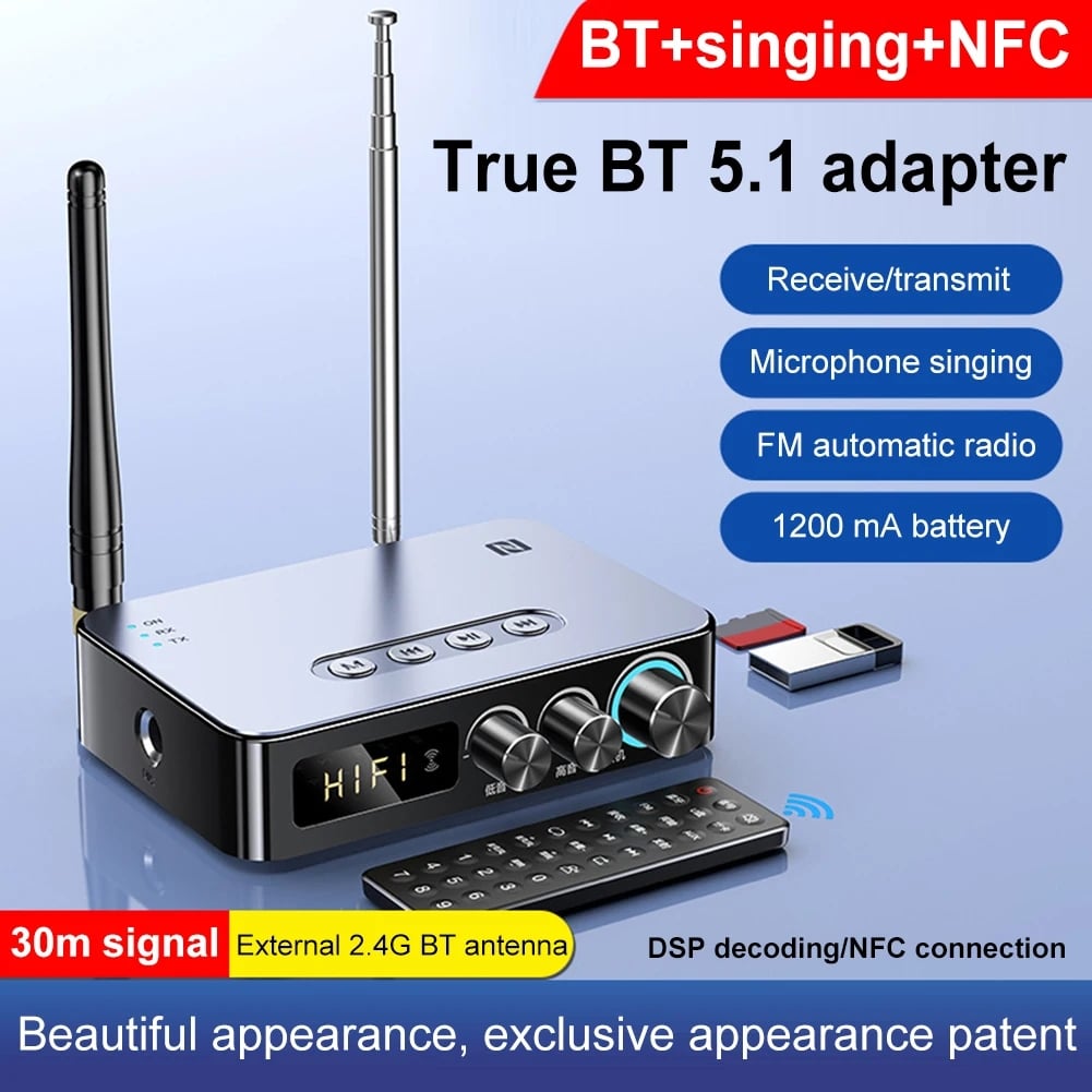 M9Pro Bluetooth Audio Receiver Transmitter Wireless Audio Adapter NFC/AUX/2RCA/USB/TF/FM/6.5mm Mic for TV Amplifier Projector