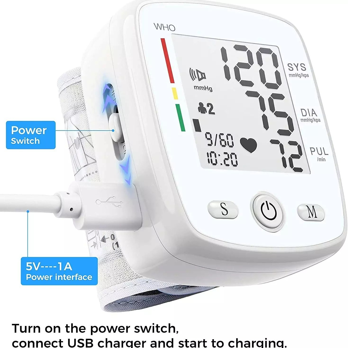Rechargeable Digital Blood Pressure Monitor Wrist Electronic Sphygmomanometer Tensiometer With LCD Display