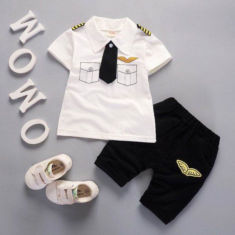 Ones children summer short sleeve tie badge shirt clothing set boys fashion cotton suit