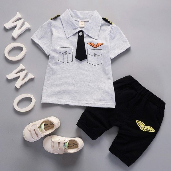 Ones children summer short sleeve tie badge shirt clothing set boys fashion cotton suit