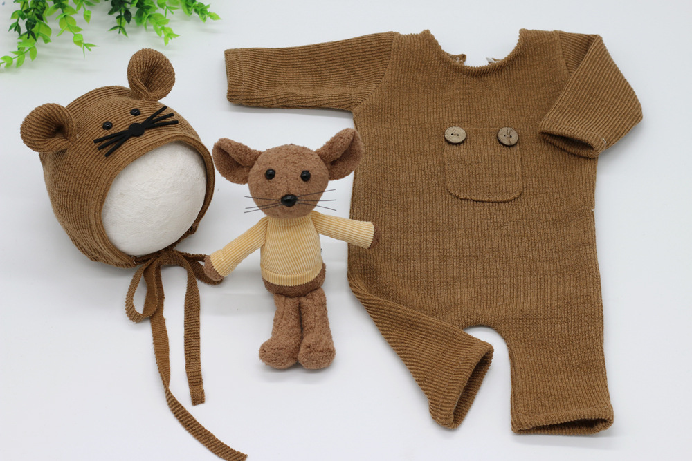 Newborn Photography Clothing Baby Soft Knitted One Piece+Hat+Doll Mouse Three Piece Set