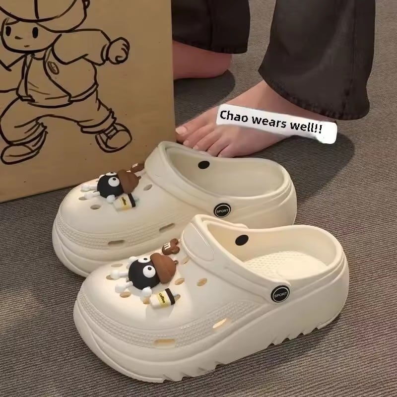 Thick Bottom Sandals Women's Summer New Style Beach Outdoor Wear Anti-slip Cartoon Match All High Heel Pvc Material Shoes