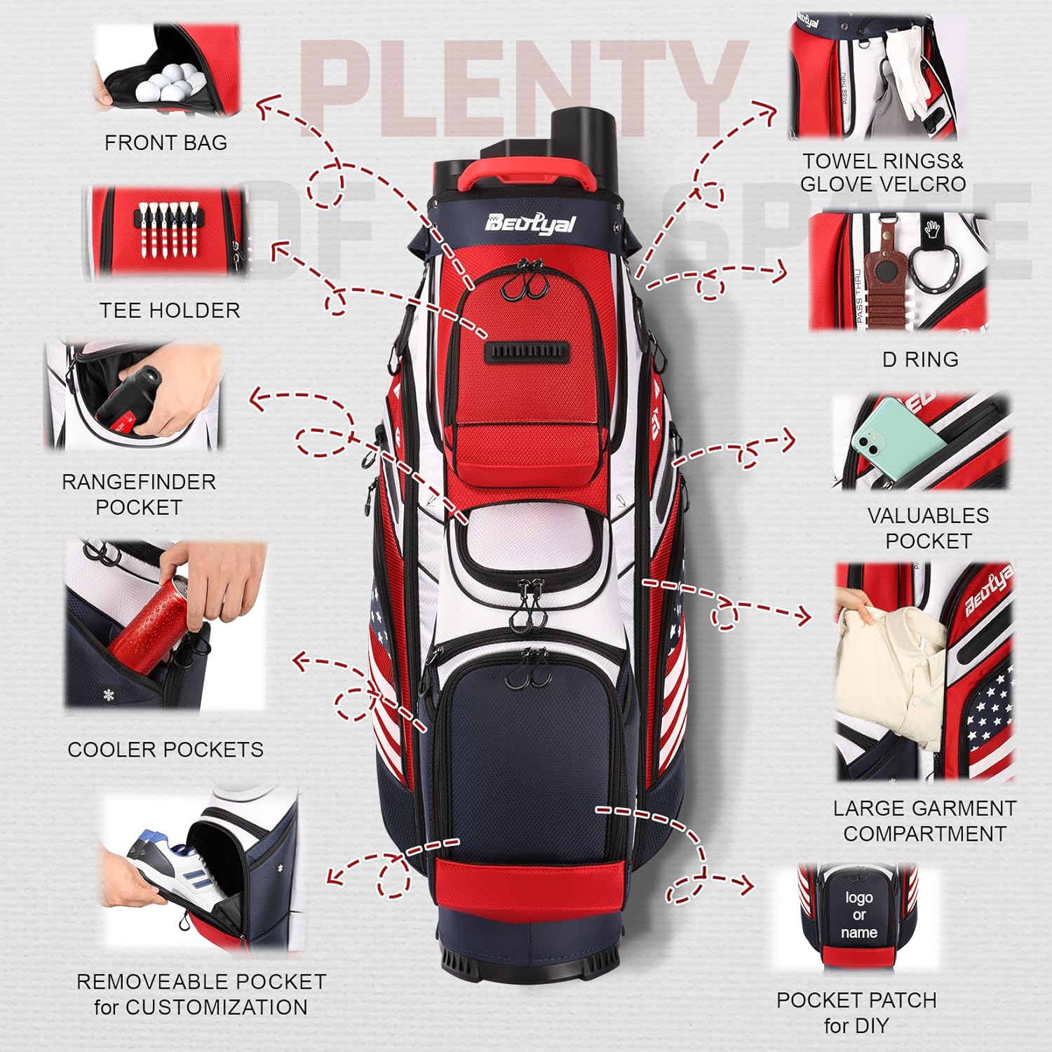 14 Way Golf Cart Bag with T Lock Top & Full Length Dividers, USA Flag Men's Golf Club Cart Bag Premium Cart Golf Bag with Cooler and Rain Cover