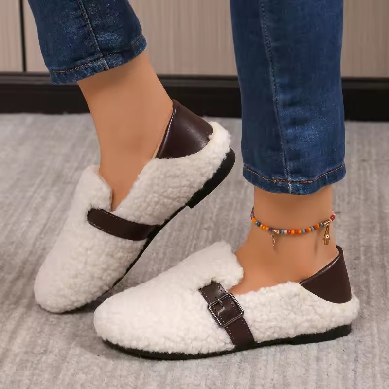 1Pair Women's cotton shoes, low-cut lamb wool warm bean cotton slippers, indoor and outdoor fashionable cozy cotton shoes