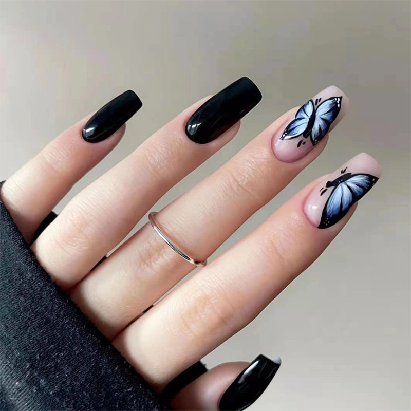 24Pcs/Set False Nail French Rhinestone Full Cover Fake Nails With Jelly Glue DIY Manicure Nail Art