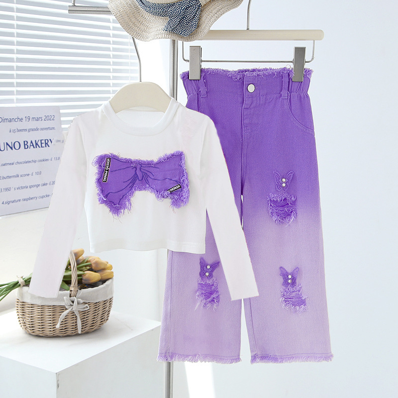 Girls' spring and autumn suits, children's long-sleeved ripped jeans, two-piece set, medium and large children's girls' suits