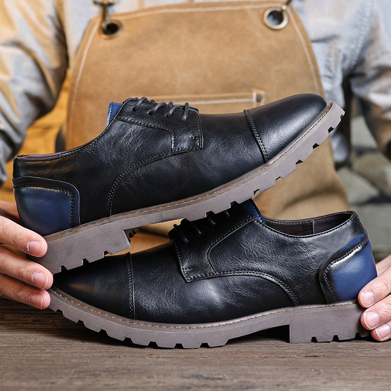 Men's Casual Outdoor Work Shoes Large Size British Style Leather Shoes Comfortable Polyurethane Lined Rubber Soled Derby Shoes