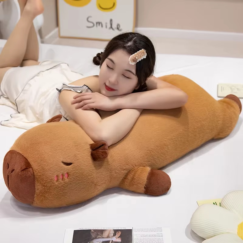 50cm-130cm Kawaii Cartoon Giant Strip Capybara Plush Doll Pillow Lying Brown Orange Wings Creative Capybara Plush Toy Home Decor