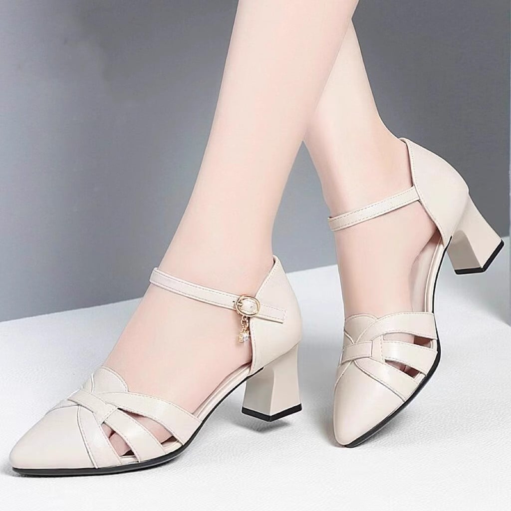 Women Fashion Black Hollow Out Buckle Strap Square Heel Shoes Lady Casual Elegant Eeige Shoes For Office