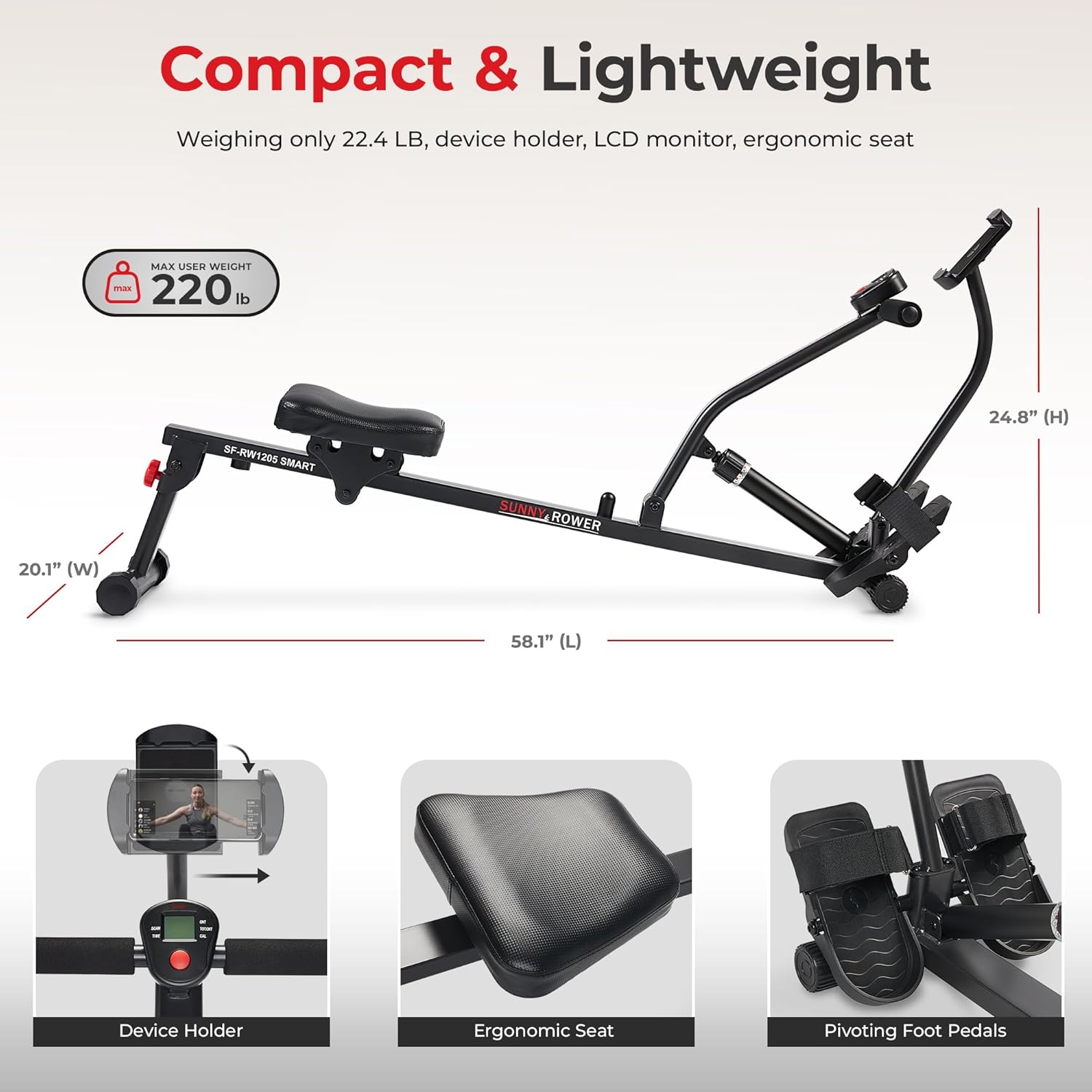 Sunny Health & Fitness Compact Adjustable Rowing Machine with 12 Levels of Resistance for Complete Body Workouts and Optional Free SunnyFit App Enhanc
