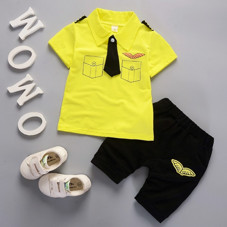 Ones children summer short sleeve tie badge shirt clothing set boys fashion cotton suit