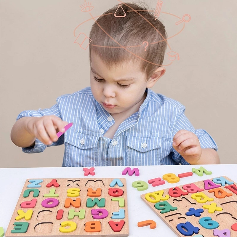 1 PC 20cm Wooden Board with Colorful Alphabet Number 3D Puzzle Kids Early Educational Toy Matching Letter Family Game
