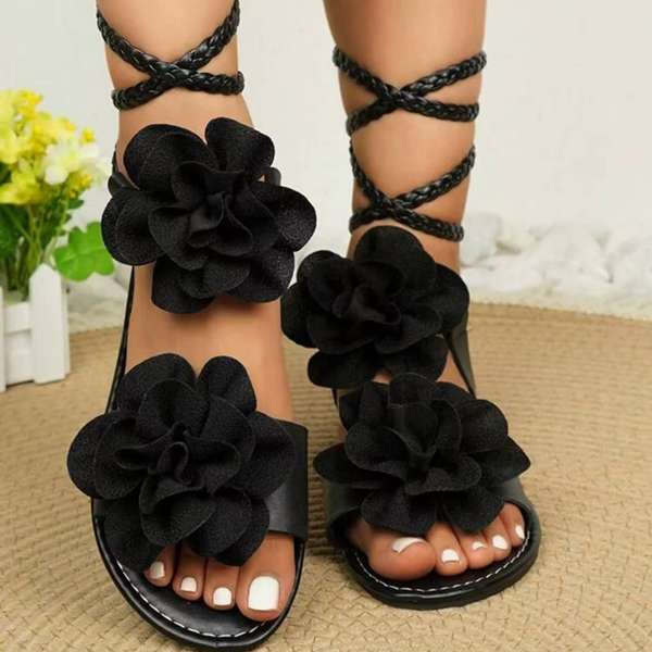 Summer Women Beach Sandals Bohemian Soft Bottom Ankle Lace Up Roman Sandals 3D Flower Fashion Open Toe Non-Slip Flat Shoes
