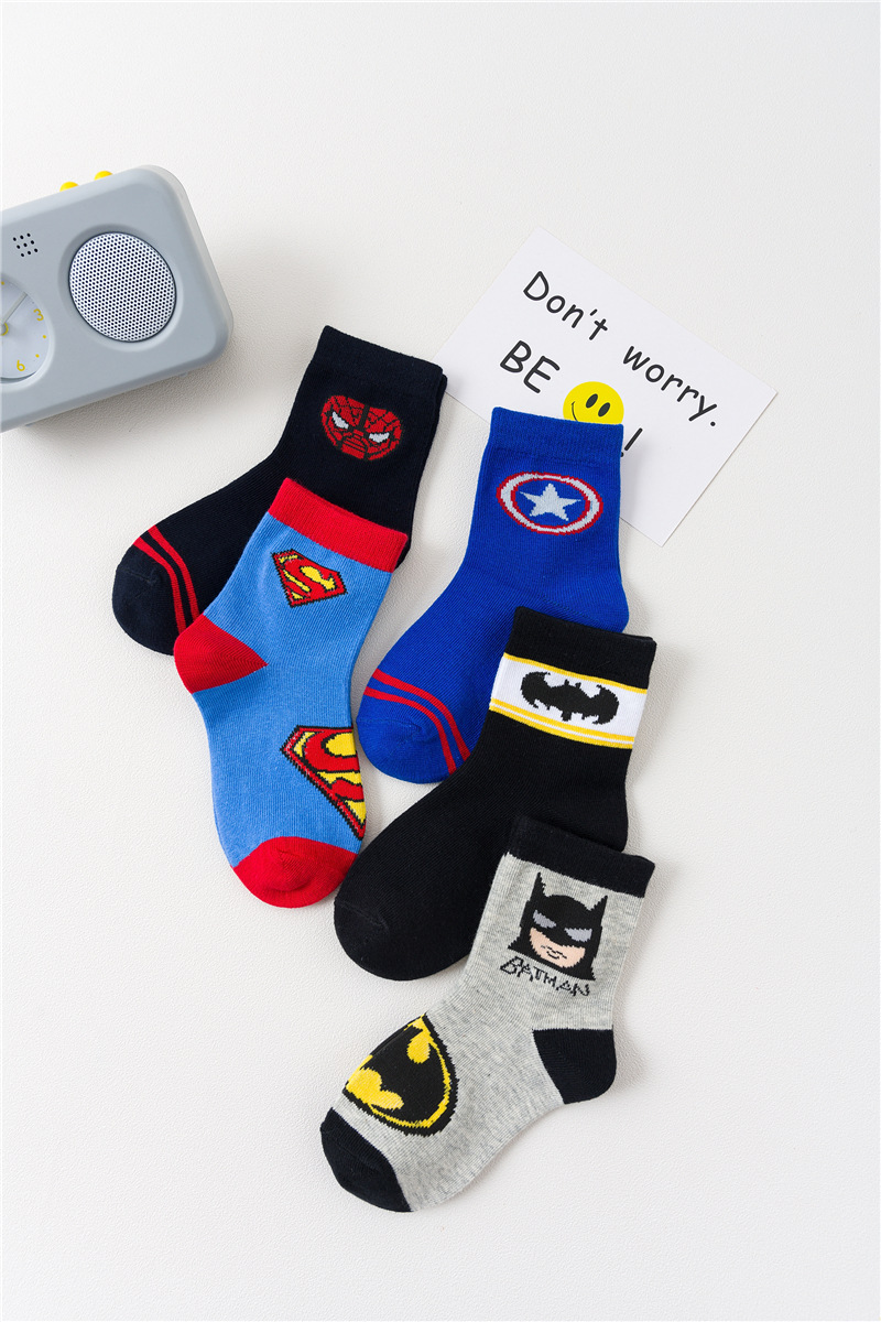 5 pairs of bat spider-man boy socks spring, autumn and summer children's socks boy big boy baby cotton socks thin cartoon