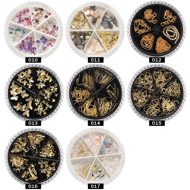 1 box mixed 6 grid turntable AB Rhinestone Nail Art Accessories Rivet Butterfly Pearl Crystal Jewelry Sequin Nail DIY