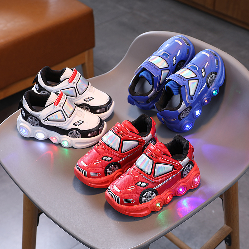 Autumn LED Light Shoes for Baby Boys Cartoon Car Children's Sports Shoes Wear Resistant Anti Slip Fashion Girls Sneakers