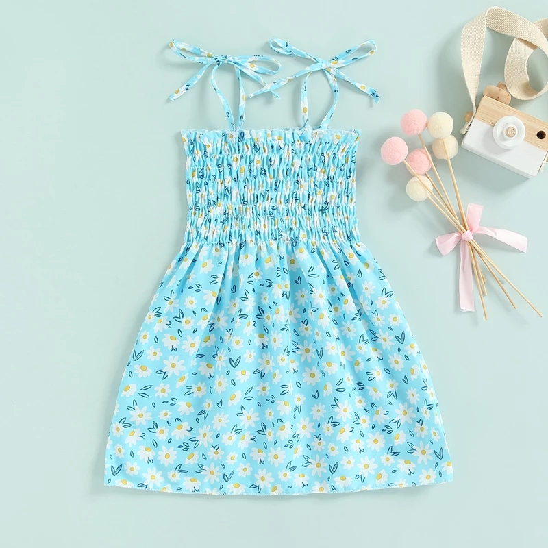 FOCUSNORM 1-6Y Summer Kids Girls Holiday Dress 5 Style Strap Sleeveless Lace Up High Waist Printing A-Line Sundress
