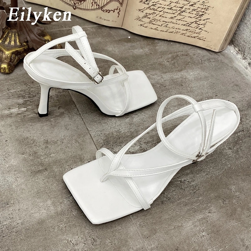 Eilyken New Fashion Pinch Narrow Band Women Sandals 2023 Summer Square Open Toe Ankle Buckle Strap High Heels Ladies Shoes