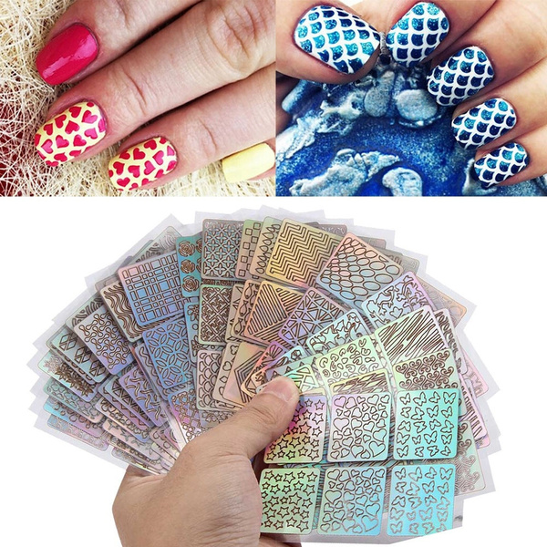 24 Sheet Nail Art Vinyl Stencil Guide Sticker Manicure Curved Wave Laser Tip