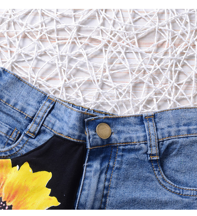 Children's clothing Toddler Kids Girls Sleeveless Flowers Printing T-shirt+Printed denim shorts Set 2Pcs