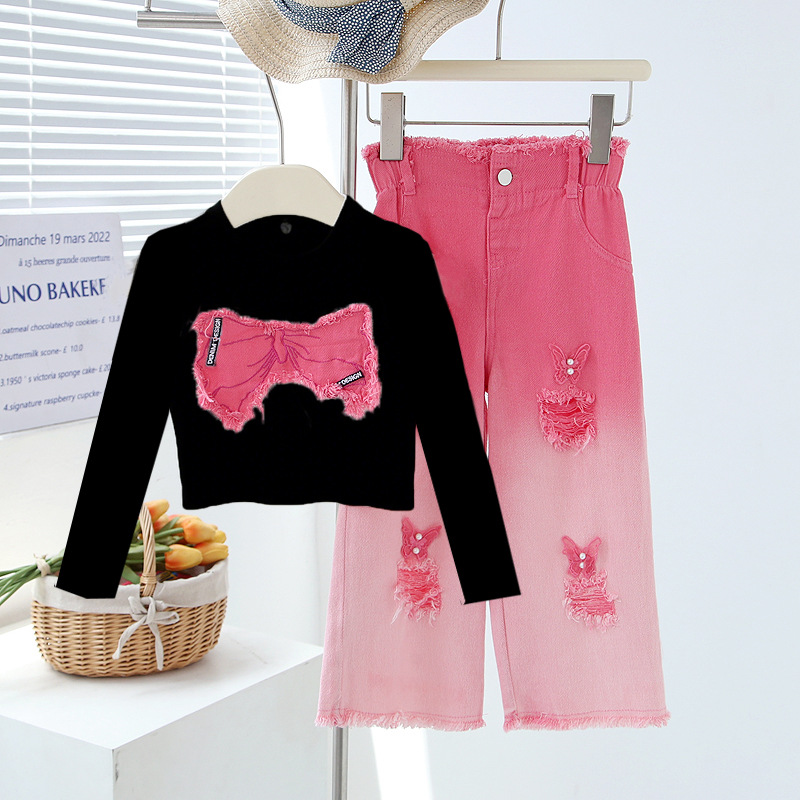 Girls' spring and autumn suits, children's long-sleeved ripped jeans, two-piece set, medium and large children's girls' suits