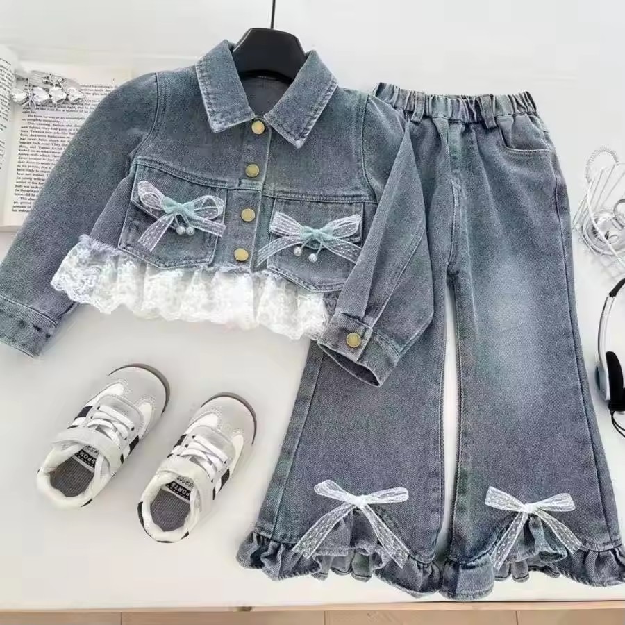 Girls' Denim Suit Autumn New Korean Version Girls' Denim Top+lace Pants Cute Denim Two-piece Set 100-150CMCM