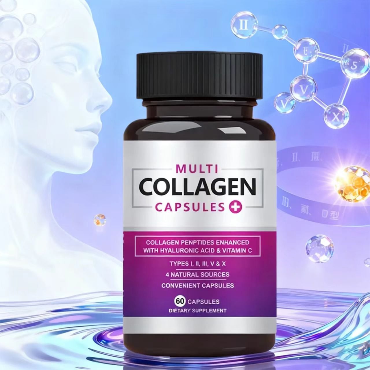 Multi Collagen Burn, Multi-Type Hydrolyzed Collagen Protein Peptides with Hyaluronic Acid, Vitamin C, Skin Health Supplement