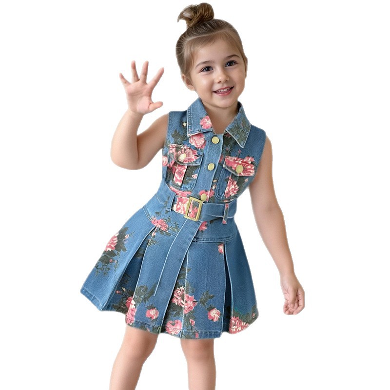 Girls' sleeveless denim dress summer flower print denim skirt cinched waist lapel thin sundress