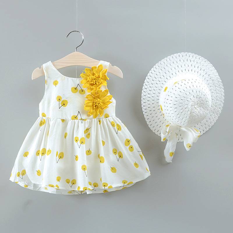 Baby Dress With Bow Hat 2pcs Clothes Set +hats Newborn Infant Toddler Dresses Party Wedding Dress Vestidos