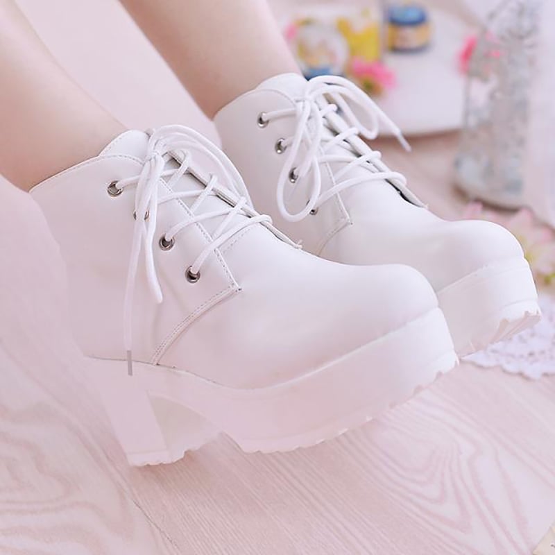 Women's Lolita Shoes JK Round Toe Shoes Lace-up School Uniform Dress Shoes for Girls Women Cosplay Sweet High Heel Boots
