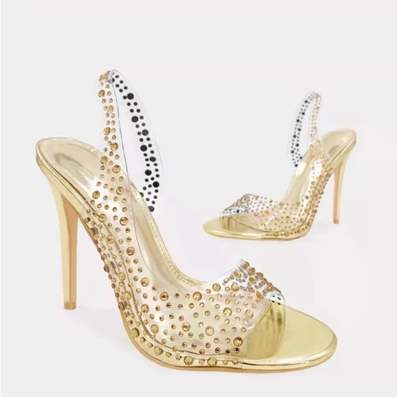 New Champagne Silver Gold Crystal Bride Shoes Clear PVC Bling Rhinestone Slingback Party Sandals Open Toe Sparkly Heels