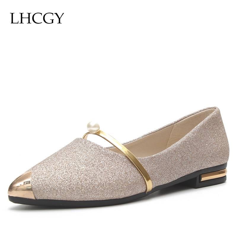 Buy 1 Get 1 Flats Gold Pointed Toe Mary Janes Shoes Woman Slip on Flat Shoes Bead Ladies Shoes Comfortable Loafers