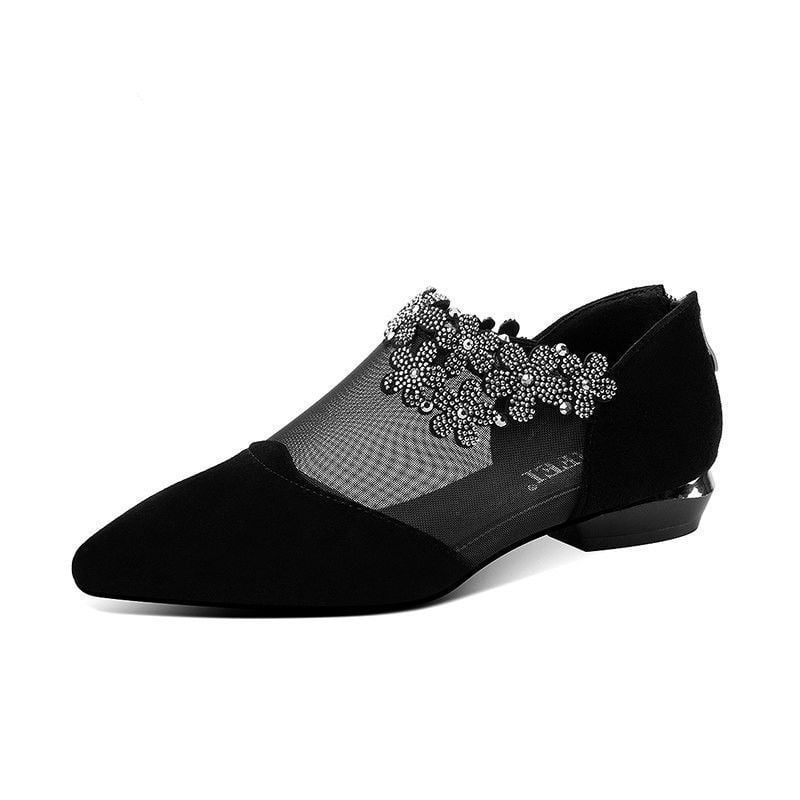 New Summer Fashion Black Lace Rhinestone Sandals Flower Heel Sandals Mesh Plus Size