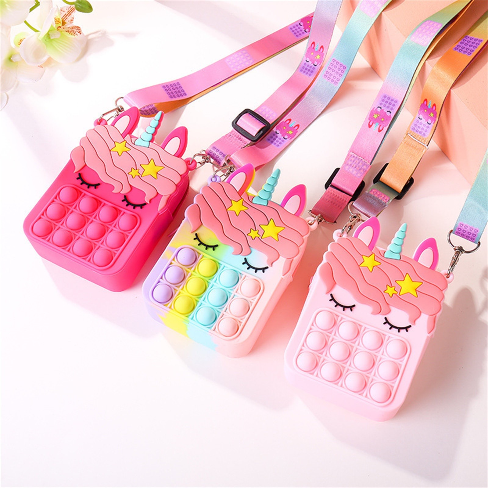 Fashion Push Bubbles Fidget Toys Rainbow Unicorn Kawaii Coin Purse Children Wallet Ladies Cosmetic Bag Simple Dimple Fidget Toy