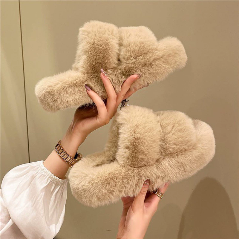 Large Size Women's Slippers Korean Sle Fur Slippers Outdoor Wearable Cotton Slippers Trendy INS Winter Slippers for Ladies