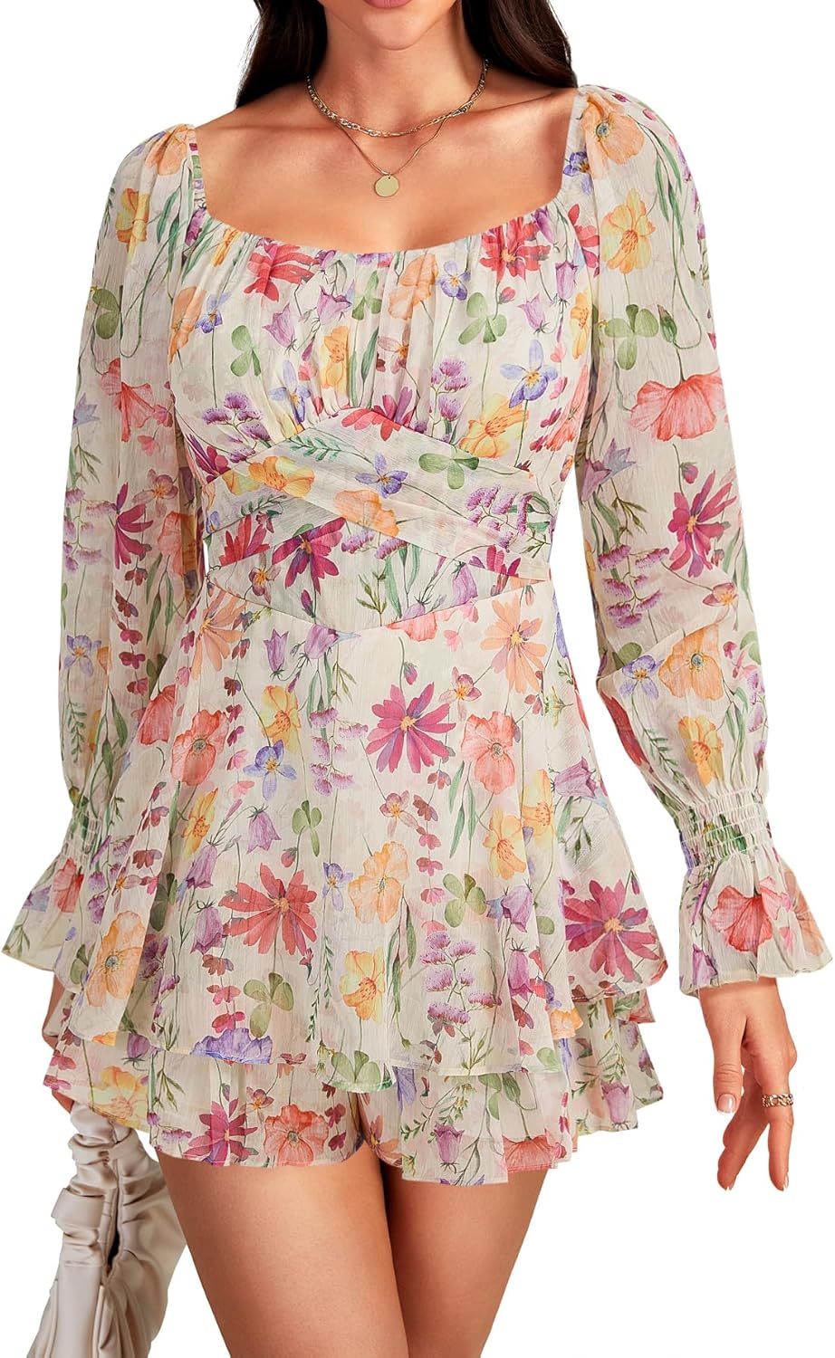 LYANER Women's Floral Print Off Shoulder Long Sleeve Ruffle Hem Romper Short Jumpsuit